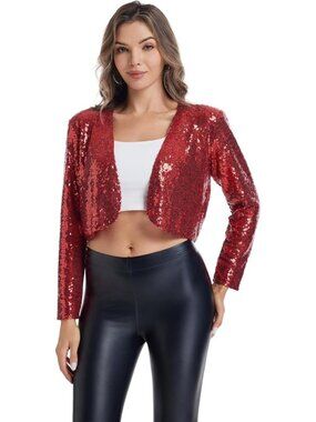 Women's Red Sequin Shrug Jacket Long Sleeve Open Front Party Glitter Blazers